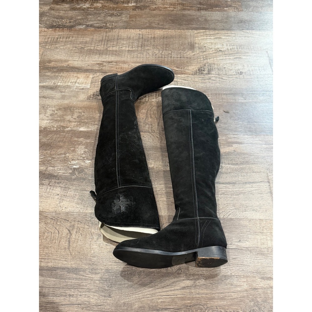 Tory Burch Black Suede Clog Boots Studded Wooden Heel Tall Knee High Toggle